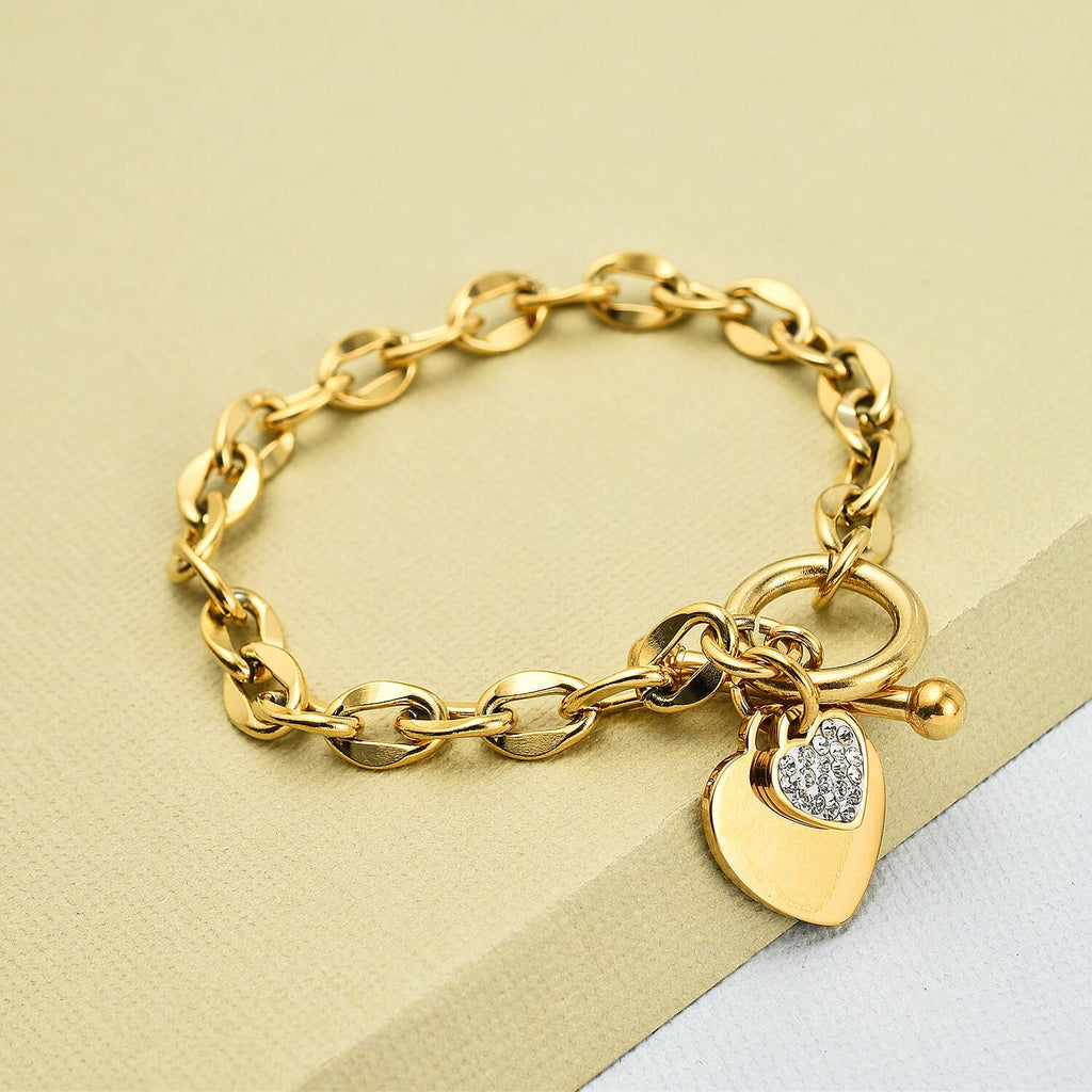 White Austrian Crystal Heart Charm Stainless Steel Curb Bracelet (Size - 7) With T-Bar Clasp