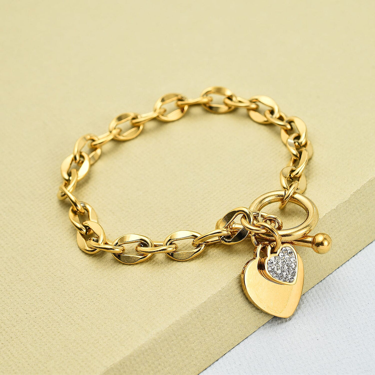 White Austrian Crystal Heart Charm Stainless Steel Curb Bracelet (Size - 7) With T-Bar Clasp 7176528 2