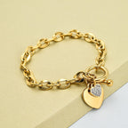 White Austrian Crystal Heart Charm Stainless Steel Curb Bracelet (Size - 7) With T-Bar Clasp