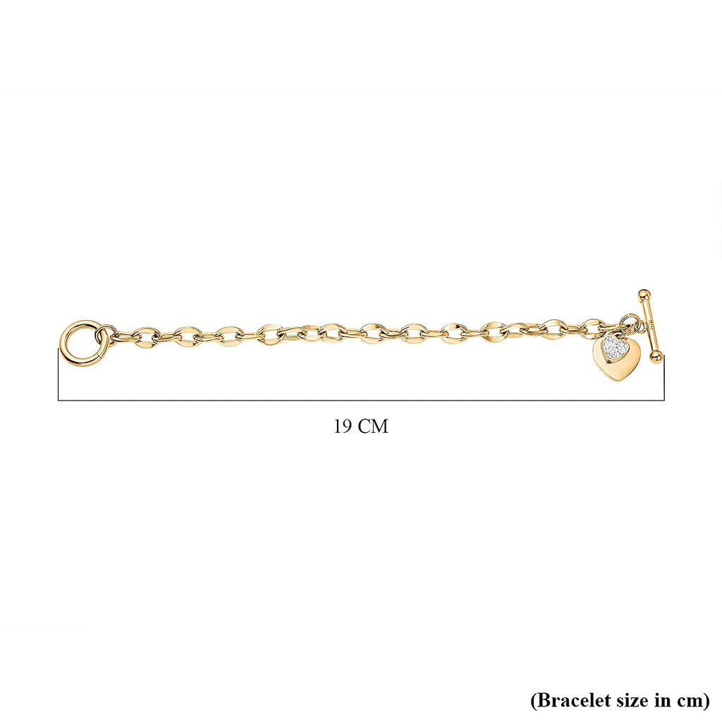 White Austrian Crystal Heart Charm Stainless Steel Curb Bracelet (Size - 7) With T-Bar Clasp