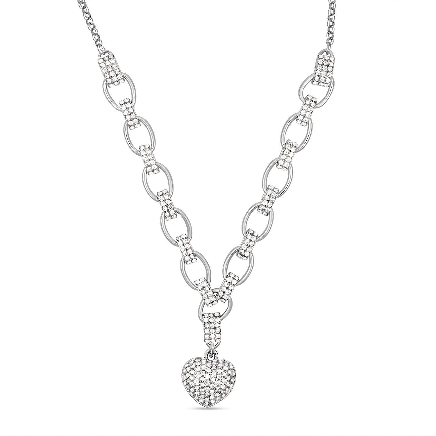 White Austrian Crystal Heart Necklace (Size 20-2 Inch Ext.) in Silver Tone 7326507 0