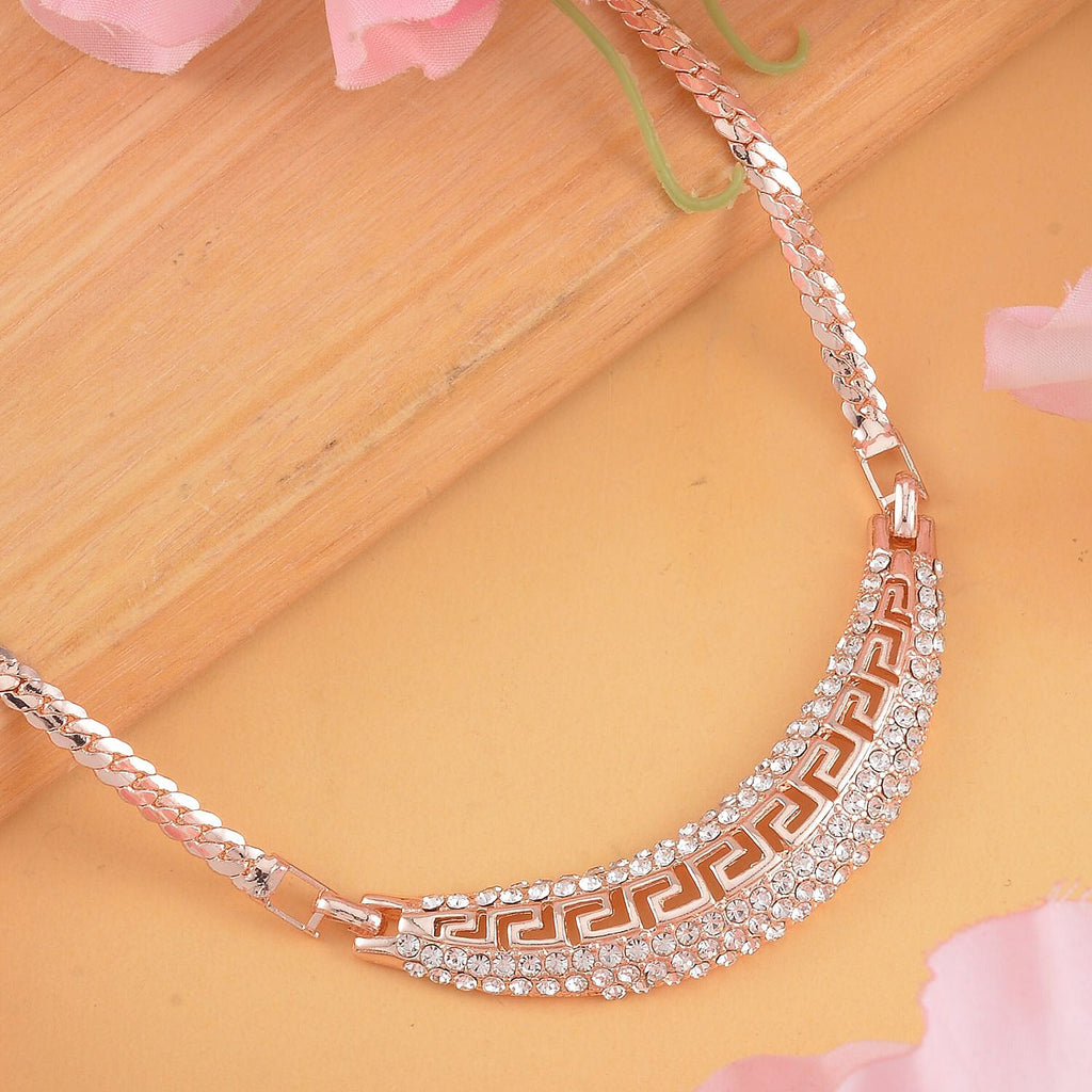 Greek Key White Austrian Crystal Braided Curb Rose Colour Necklace (Size - 20)