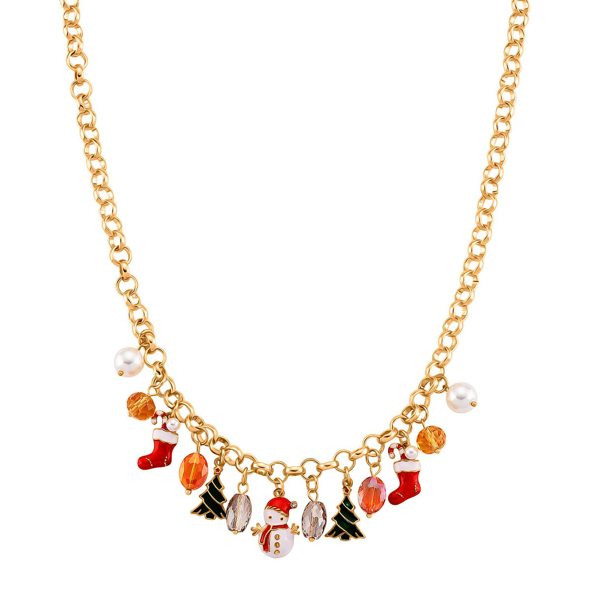 White Austrian Crystal, Simulated Pearl &amp; Multi Colour Crystal Charms Necklace (Size 20+2 Inch Ext) in Yellow Gold Plated V32521412 0
