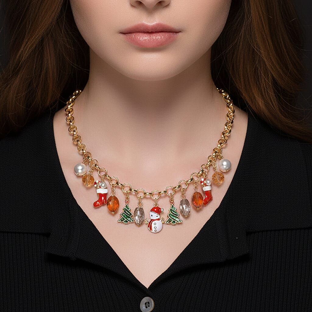 White Austrian Crystal, Simulated Pearl &amp; Multi Colour Crystal Charms Necklace (Size 20+2 Inch Ext) in Yellow Gold Plated V32521412 3