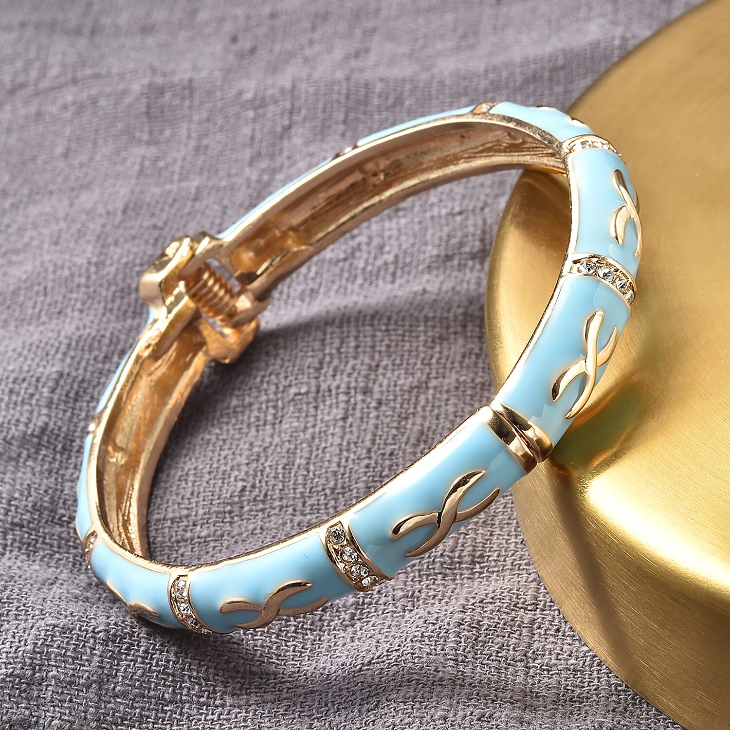 White Austrian Crystal Sky Blue Enamelled Bangle Size 7.25 in Yellow Gold Tone 7131941 2