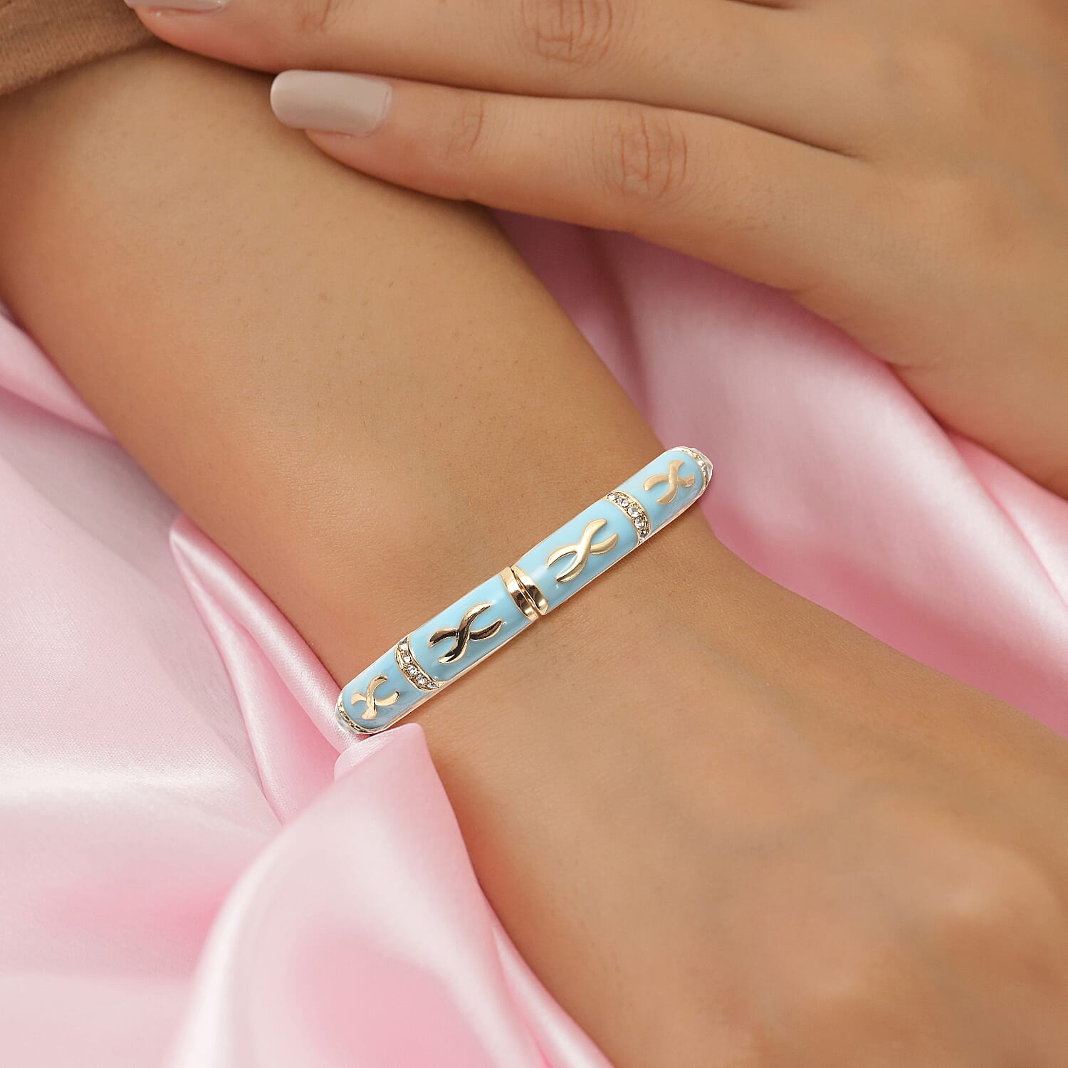 White Austrian Crystal Sky Blue Enamelled Bangle Size 7.25 in Yellow Gold Tone 7131941 3