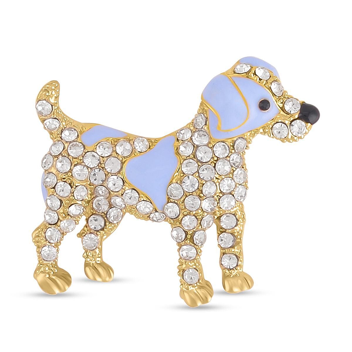 White Austrian Crystal and Black Austrian Crystal Enamelled Dog Brooch in Yellow Gold Tone. 7362820 0