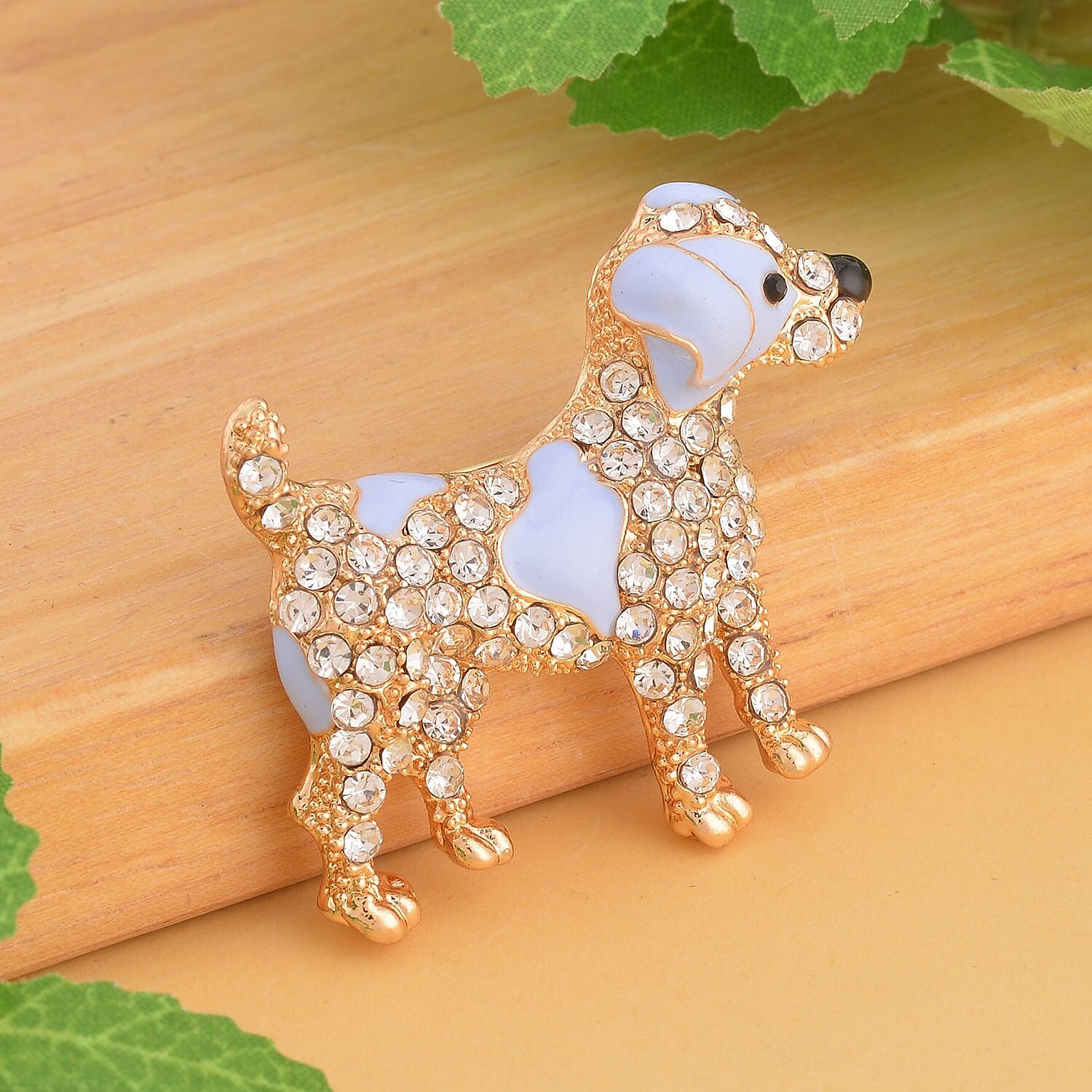 White Austrian Crystal and Black Austrian Crystal Enamelled Dog Brooch in Yellow Gold Tone. 7362820 2