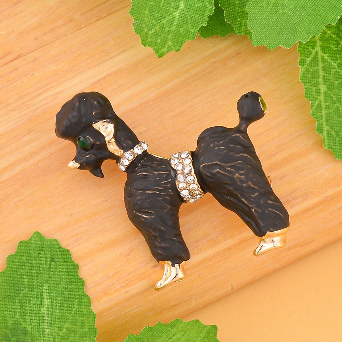 White Austrian Crystal and Neon Green Austrian Crystal with Black Enamelled Puppy Brooch in Yellow Gold Tone 7362758 1