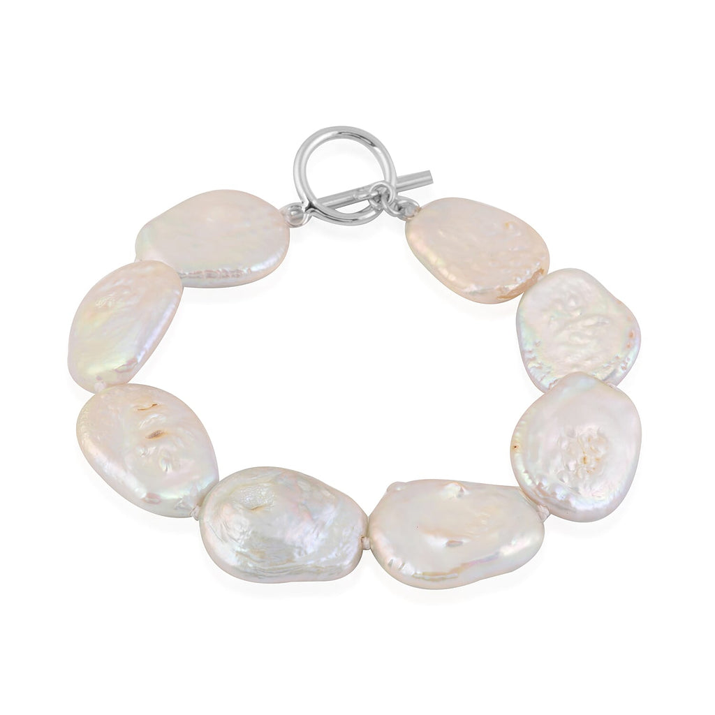 White Baroque Pearl Bracelet (Size 7.5) in Rhodium Overlay Sterling Silver