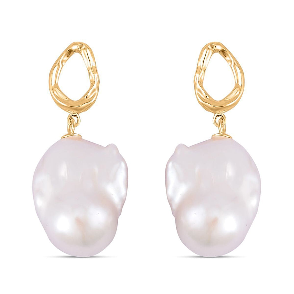 White Baroque Pearl Earrings in Yellow Gold Plated Sterling Silver