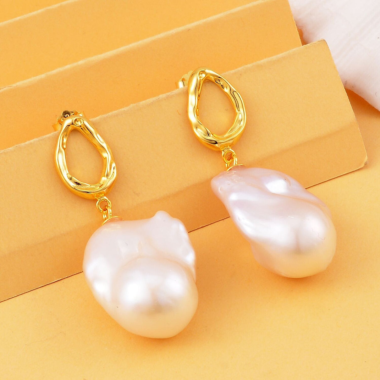 White Baroque Pearl Earrings in Yellow Gold Plated Sterling Silver 7548653 1