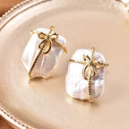 White Baroque Pearl Gift Design Stud Earrings in Yellow Gold Overlay Sterling Silver