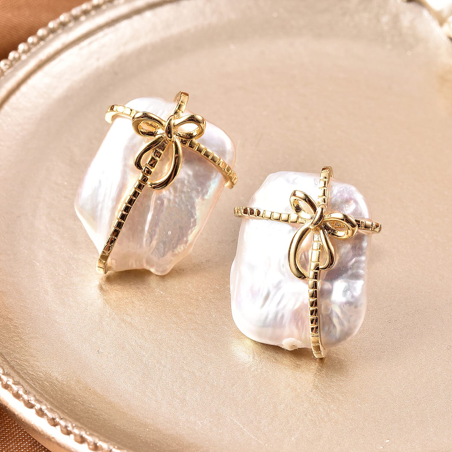 White Baroque Pearl Gift Design Stud Earrings in Yellow Gold Overlay Sterling Silver 3687717 2