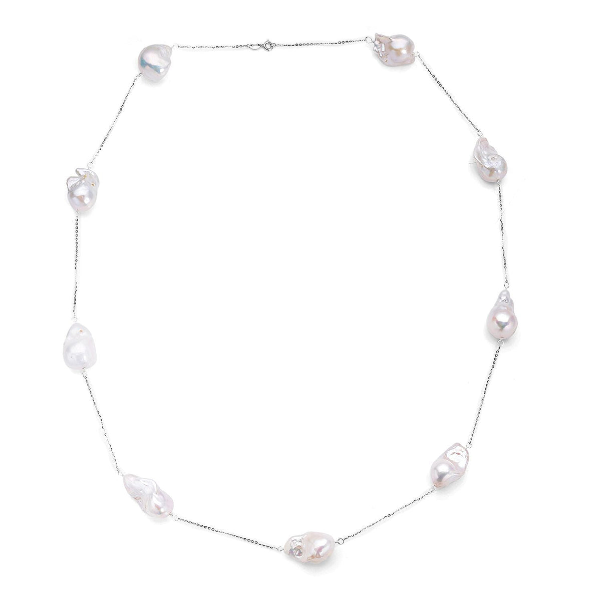 White Baroque Pearl Station Necklace (Size - 30) in Rhodium Overlay Sterling Silver 7132750 0