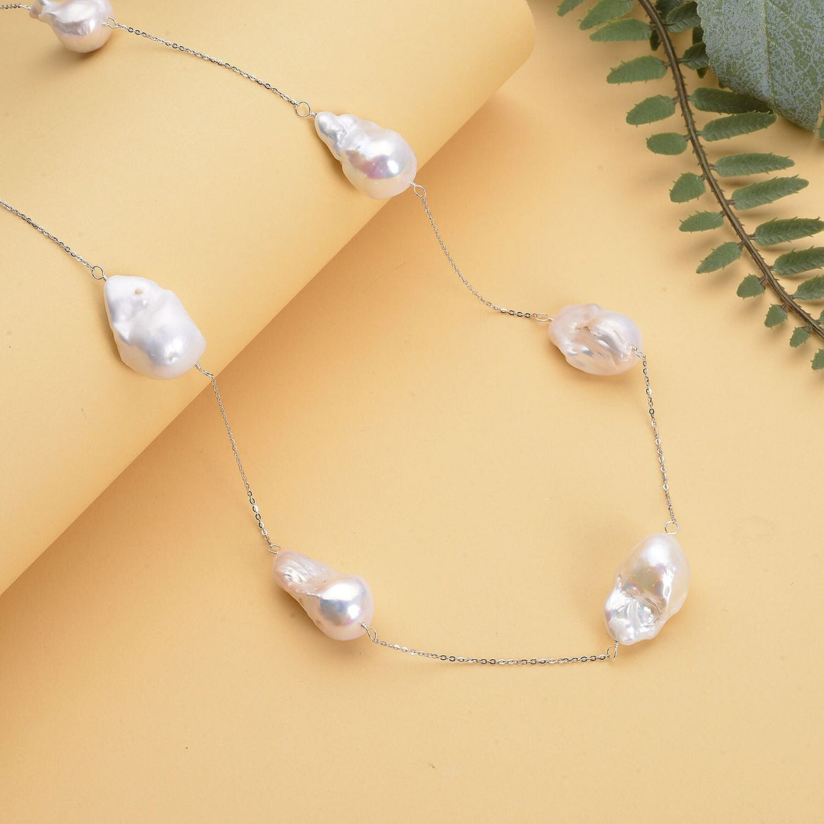 White Baroque Pearl Station Necklace (Size - 30) in Rhodium Overlay Sterling Silver 7132750 2