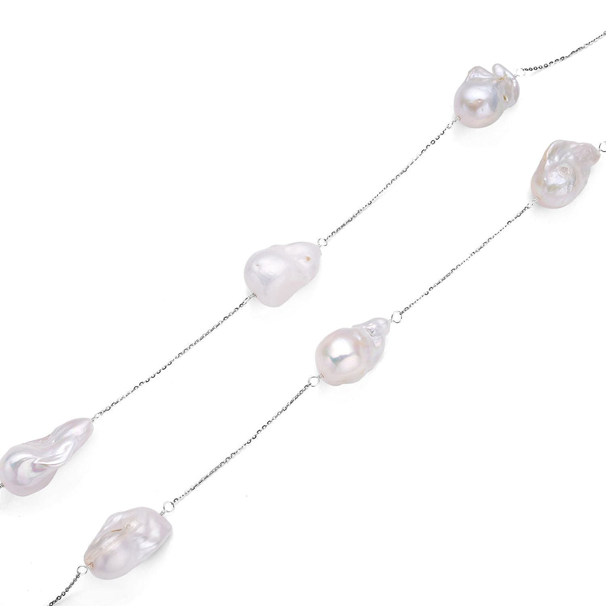 White Baroque Pearl Station Necklace (Size - 30) in Rhodium Overlay Sterling Silver 7132750 4