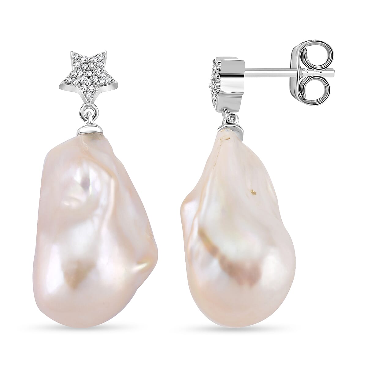 White Baroque Pearl, White Zircon Star Earring with Push Back in Rhodium Overlay Sterling Silver 75.46 Ct. 8215716 0