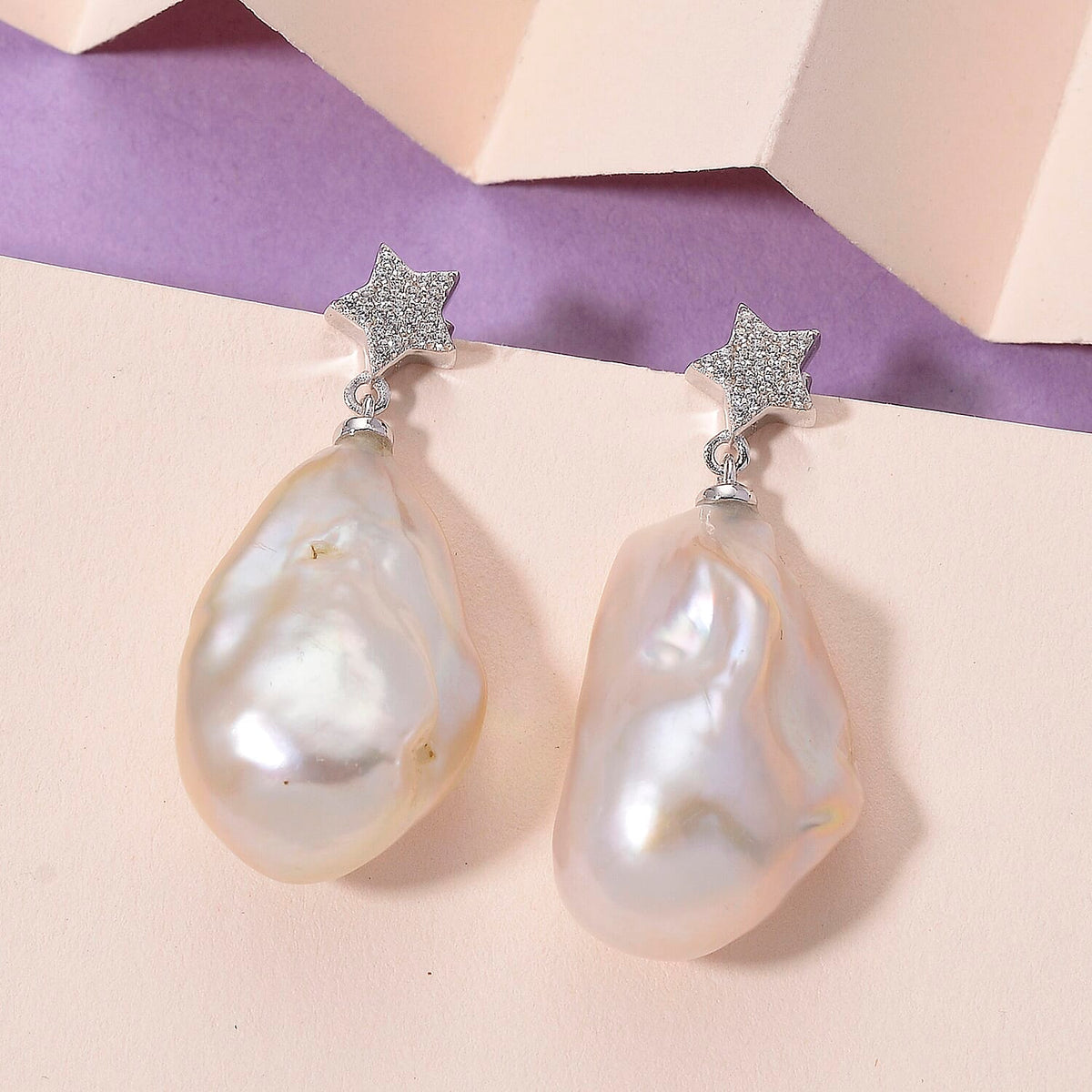 White Baroque Pearl, White Zircon Star Earring with Push Back in Rhodium Overlay Sterling Silver 75.46 Ct. 8215716 2