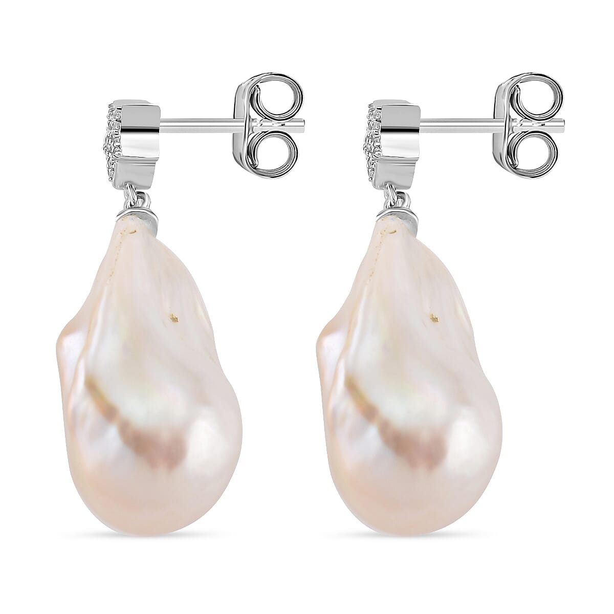 White Baroque Pearl, White Zircon Star Earring with Push Back in Rhodium Overlay Sterling Silver 75.46 Ct. 8215716 4