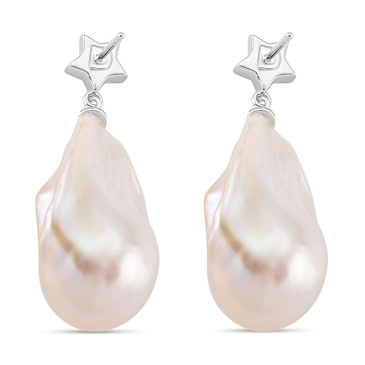 White Baroque Pearl, White Zircon Star Earring with Push Back in Rhodium Overlay Sterling Silver 75.46 Ct. 8215716 5