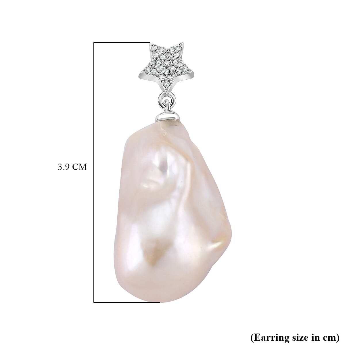 White Baroque Pearl, White Zircon Star Earring with Push Back in Rhodium Overlay Sterling Silver 75.46 Ct. 8215716 6
