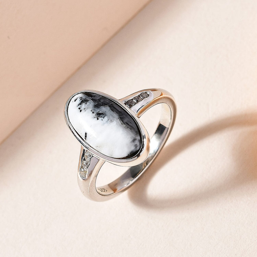 White Buffalo and Natural Zircon Ring in Platinum Overlay Sterling Silver 3.41 Ct