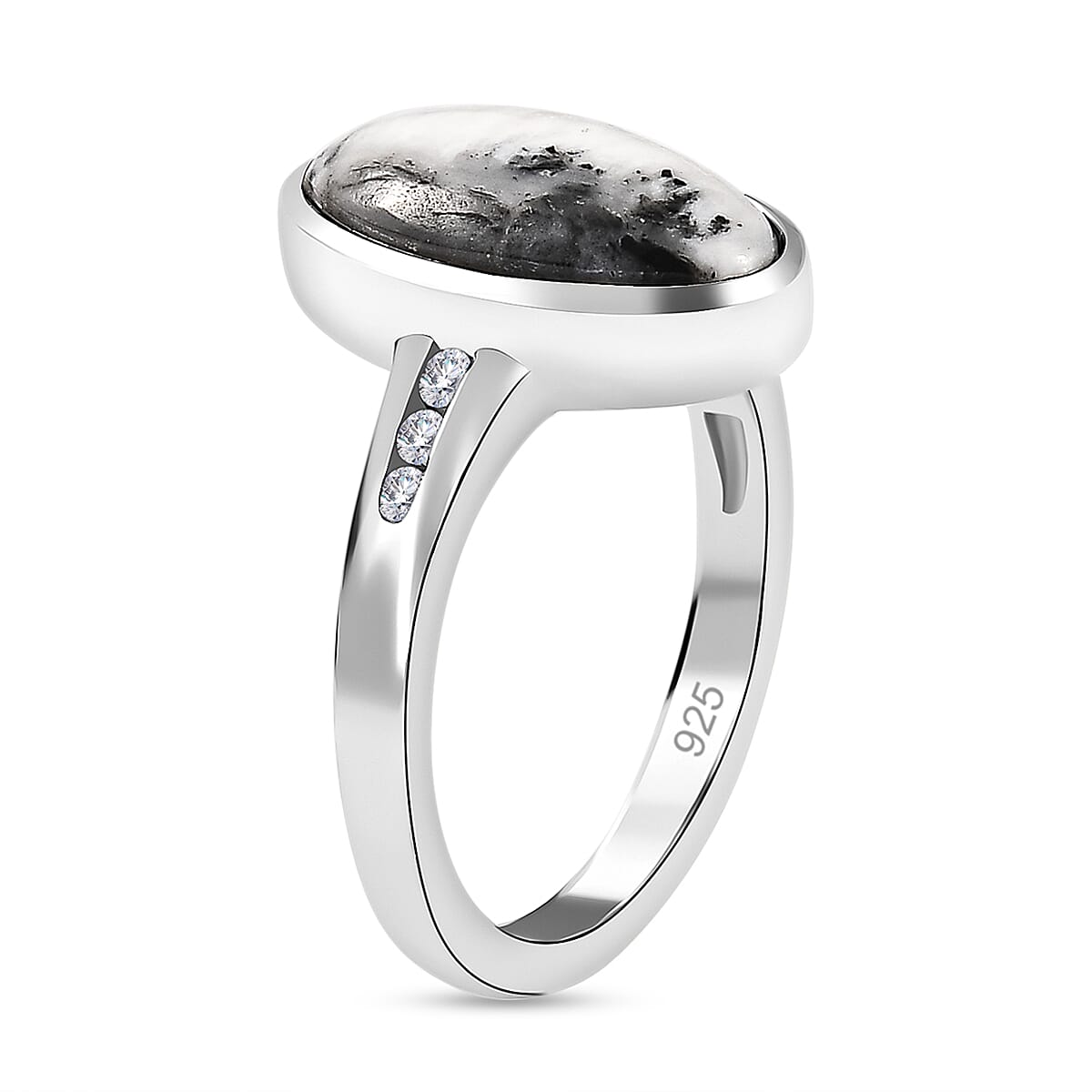 White Buffalo and Natural Zircon Ring in Platinum Overlay Sterling Silver 3.41 Ct 7556158 3