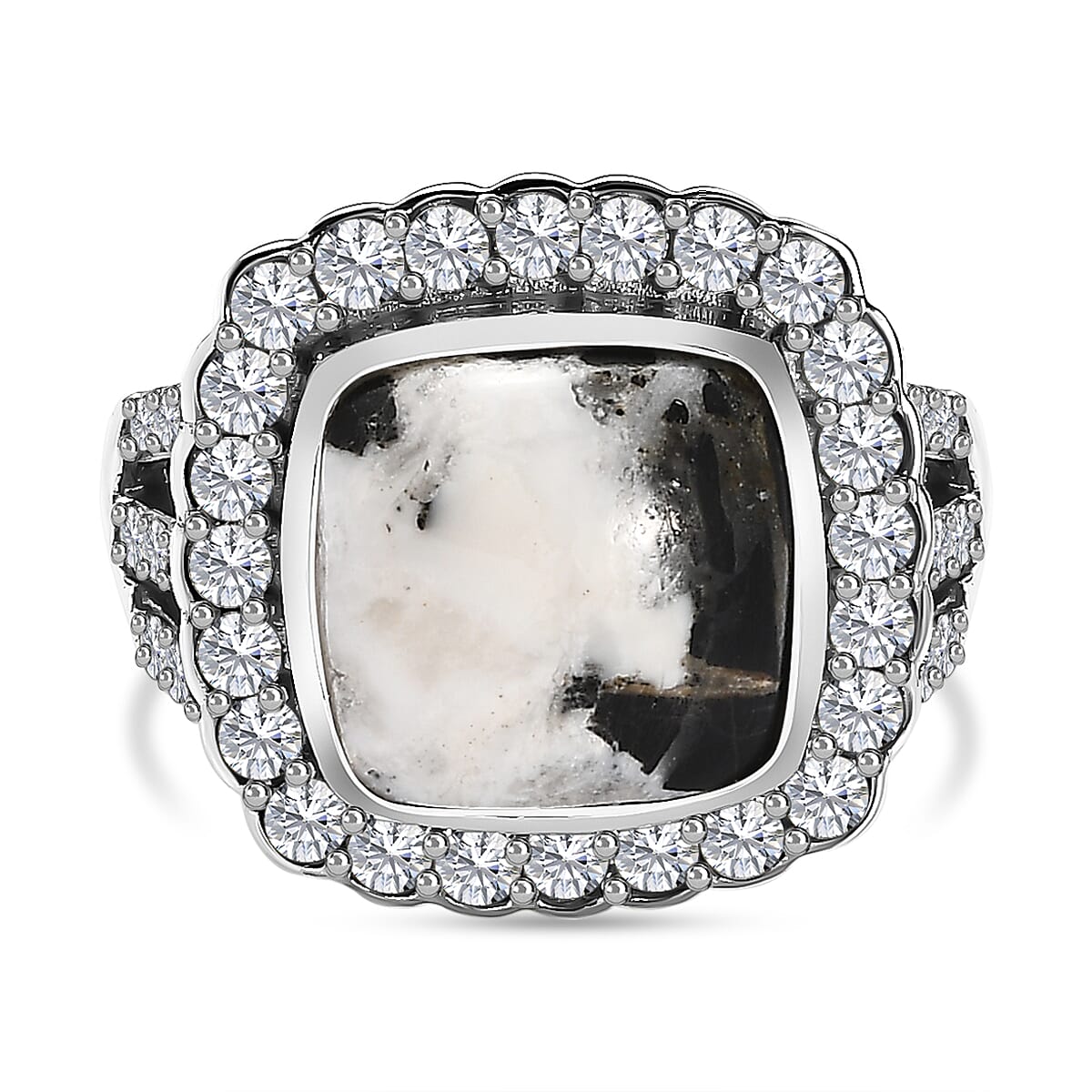White Buffalo and Natural Zircon Halo Ring in Platinum Overlay Sterling Silver 8.74 Ct 7567658 0