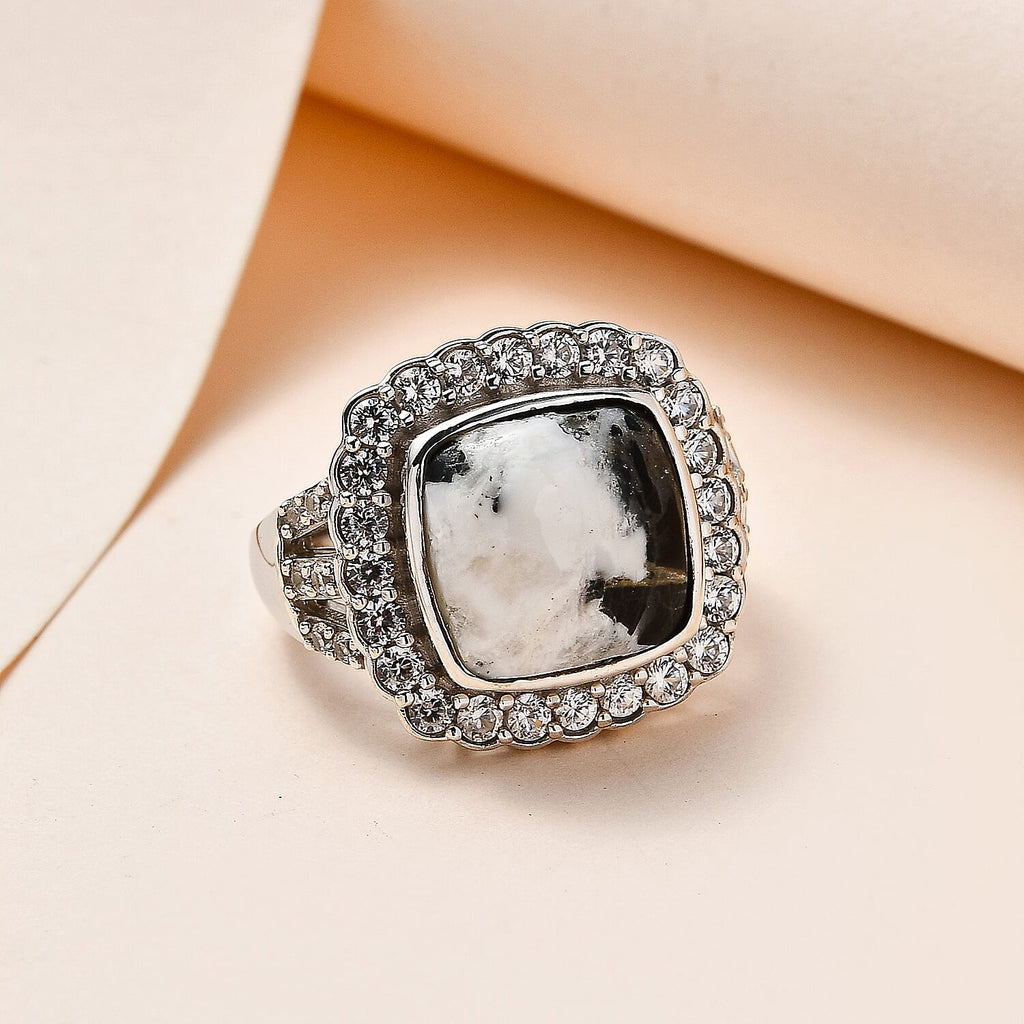 White Buffalo and Natural Zircon Halo Ring in Platinum Overlay Sterling Silver 8.74 Ct, Silver Wt. 5.10 Gms