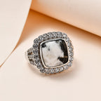 White Buffalo and Natural Zircon Halo Ring in Platinum Overlay Sterling Silver 8.74 Ct, Silver Wt. 5.10 Gms