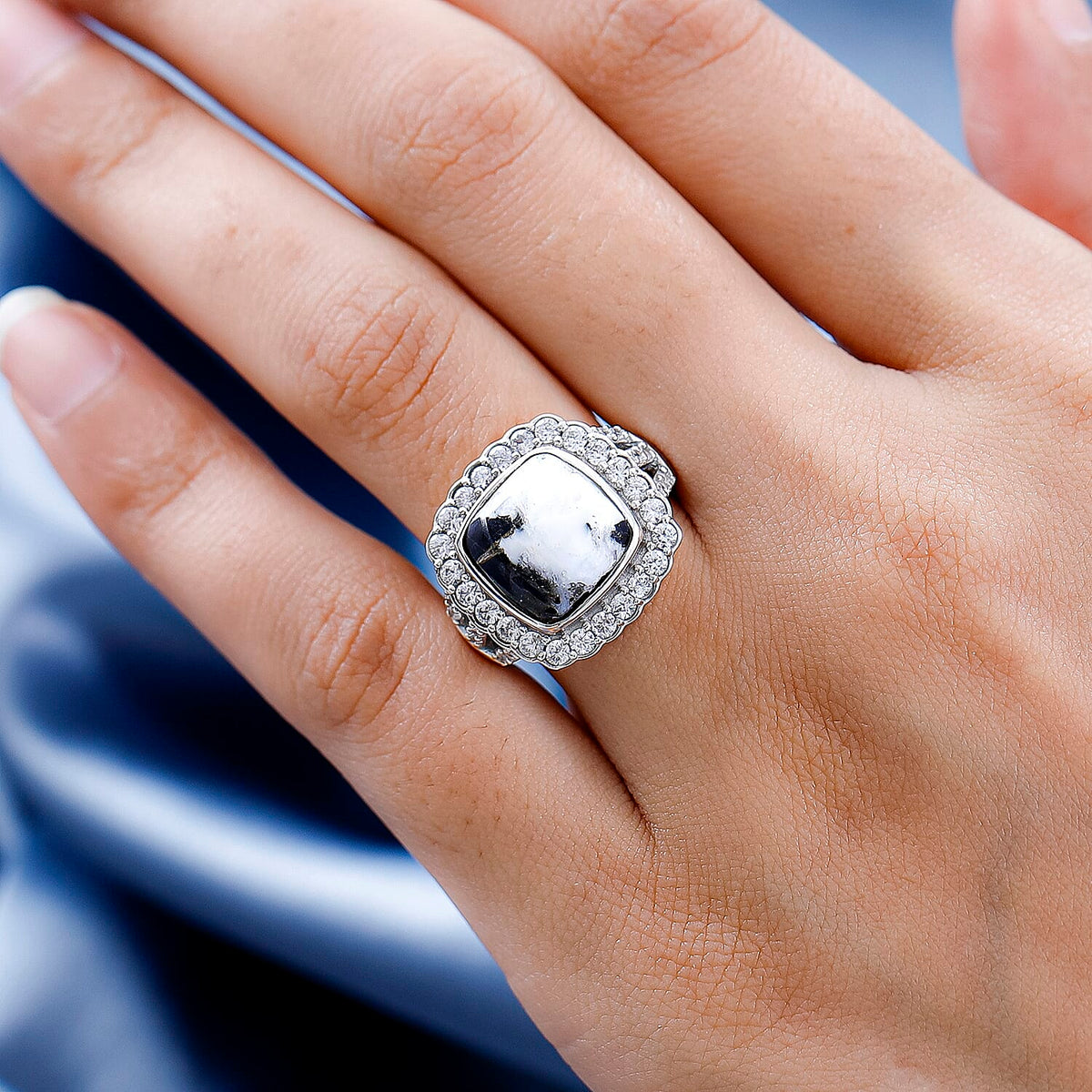 White Buffalo and Natural Zircon Halo Ring in Platinum Overlay Sterling Silver 8.74 Ct 7567658 3