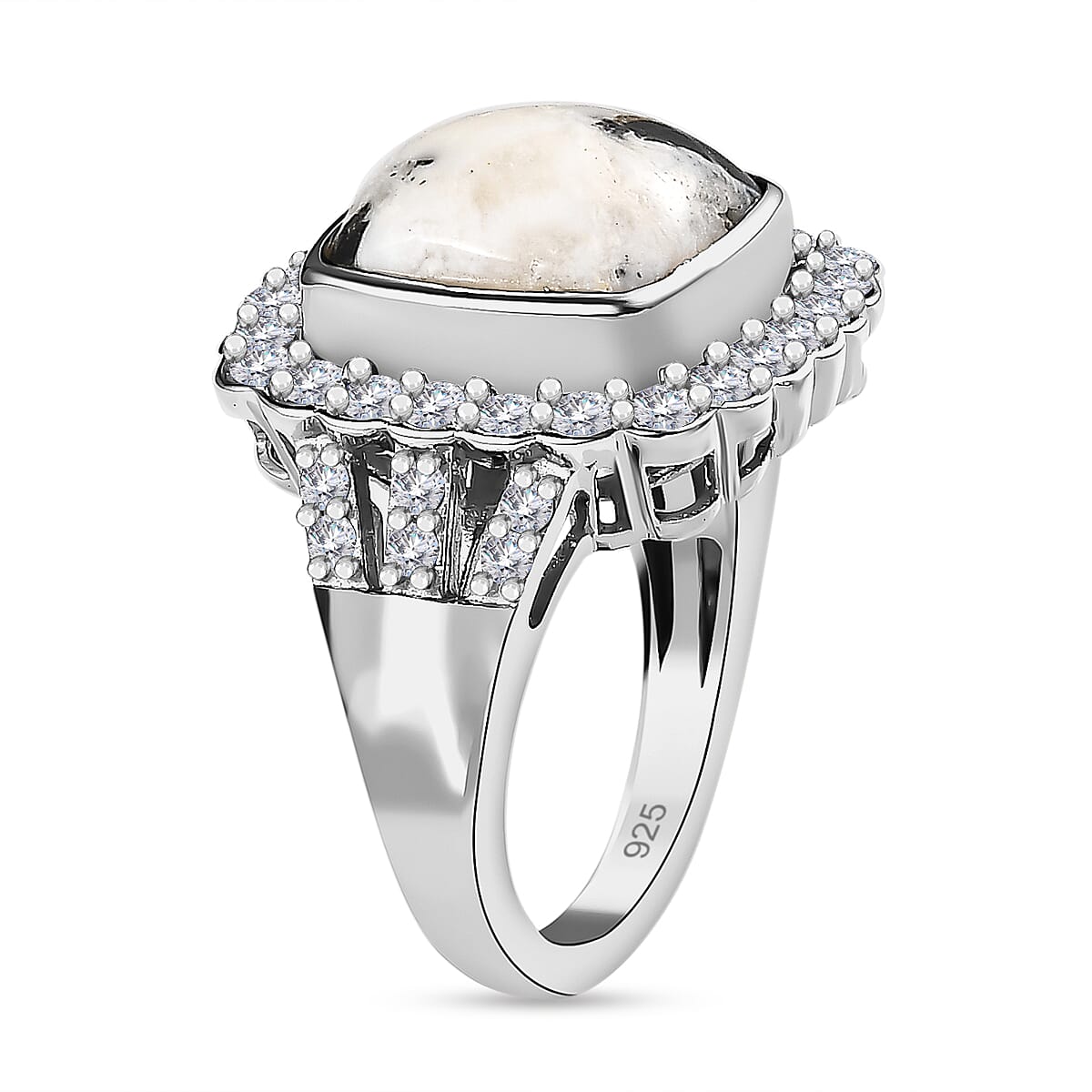 White Buffalo and Natural Zircon Halo Ring in Platinum Overlay Sterling Silver 8.74 Ct 7567658 4