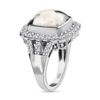 White Buffalo and Natural Zircon Halo Ring in Platinum Overlay Sterling Silver 8.74 Ct, Silver Wt. 5.10 Gms
