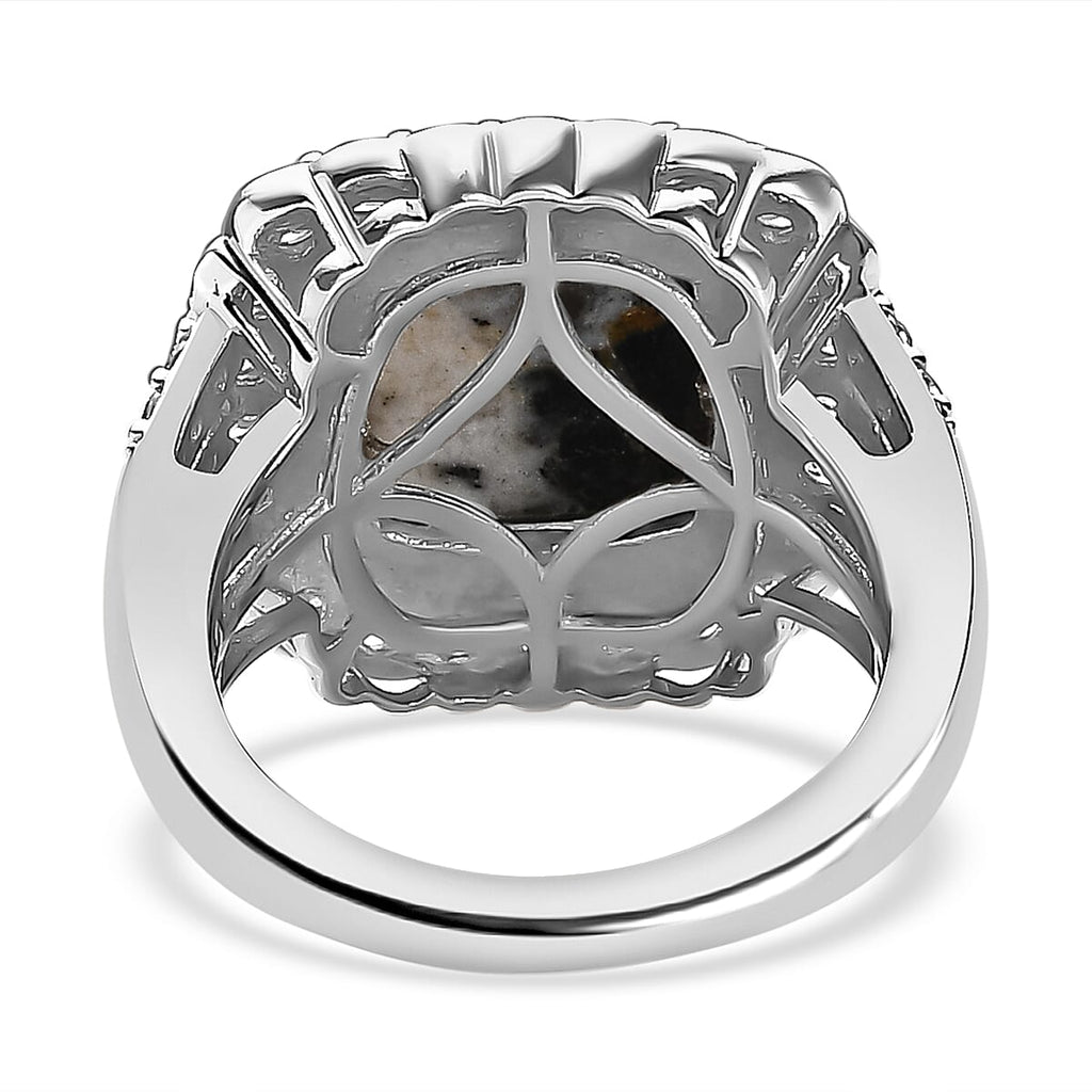 White Buffalo and Natural Zircon Halo Ring in Platinum Overlay Sterling Silver 8.74 Ct, Silver Wt. 5.10 Gms