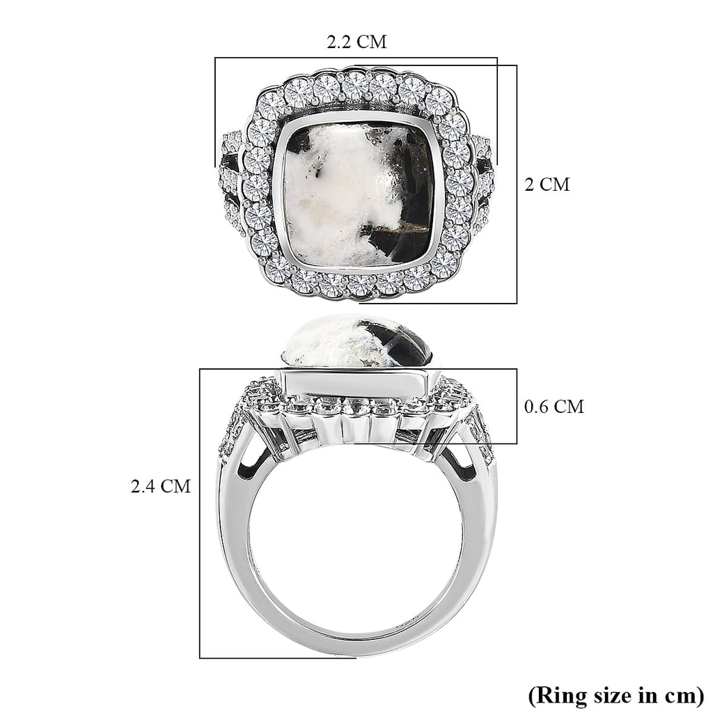 White Buffalo and Natural Zircon Halo Ring in Platinum Overlay Sterling Silver 8.74 Ct, Silver Wt. 5.10 Gms