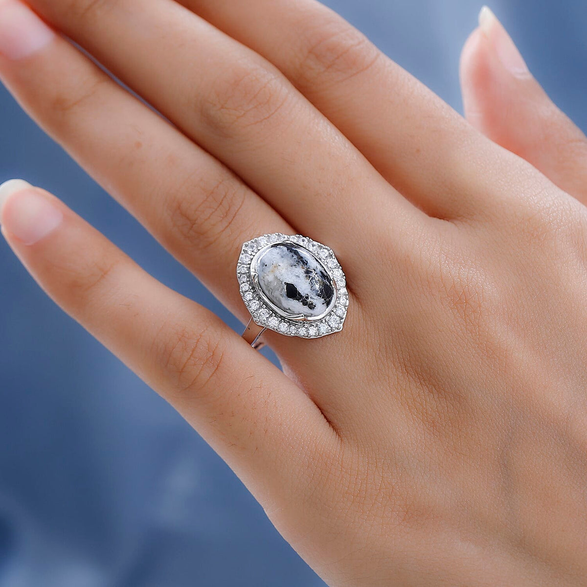 White Buffalo ,  White Zircon  Main Stone With Side Stone Ring in Platinum Overlay Sterling Silver 7.23 ct  7.230  Ct. 7690424 2