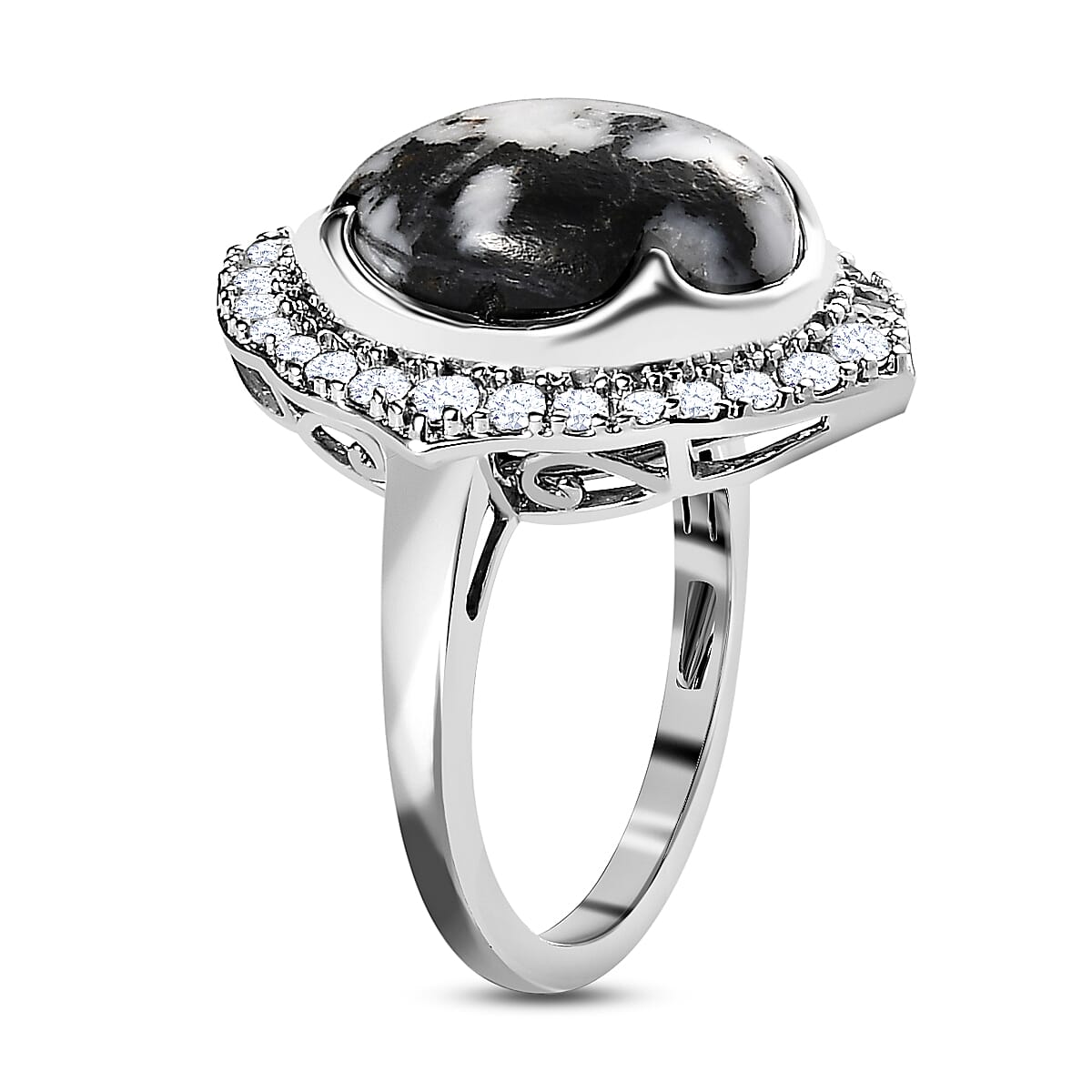 White Buffalo ,  White Zircon  Main Stone With Side Stone Ring in Platinum Overlay Sterling Silver 7.23 ct  7.230  Ct. 7690424 3