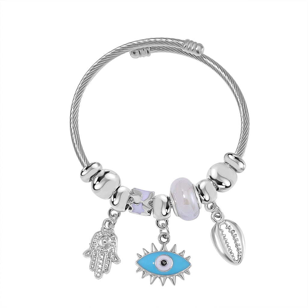 White Colour Ceramic Beads Enamelled Charms Evil Eye Adjustable Bangle