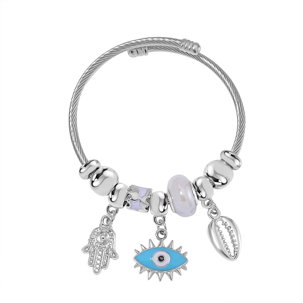 White Colour Ceramic Beads Enamelled Charms Evil Eye Adjustable Bangle 7841196 0