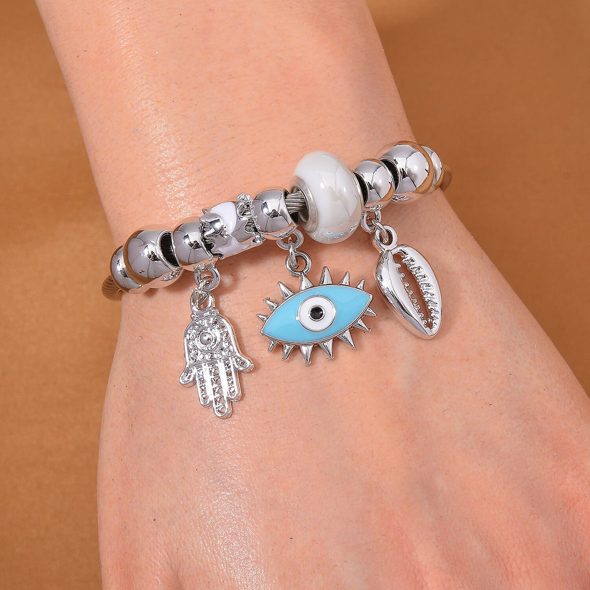 White Colour Ceramic Beads Enamelled Charms Evil Eye Adjustable Bangle 7841196 1