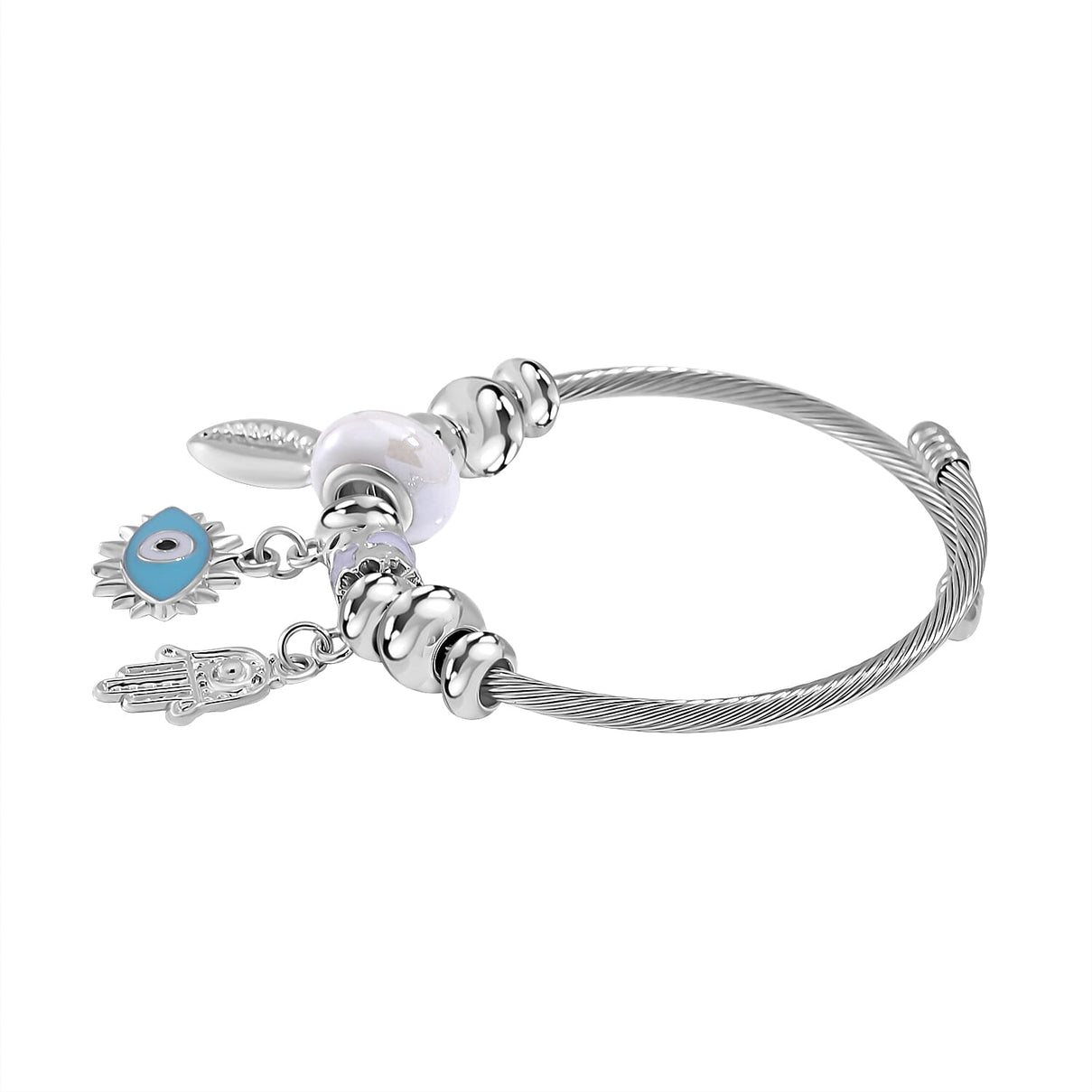 White Colour Ceramic Beads Enamelled Charms Evil Eye Adjustable Bangle 7841196 3