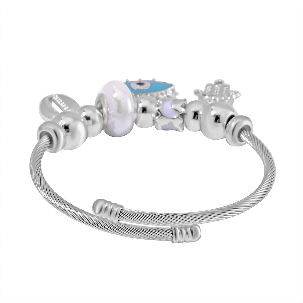White Colour Ceramic Beads Enamelled Charms Evil Eye Adjustable Bangle