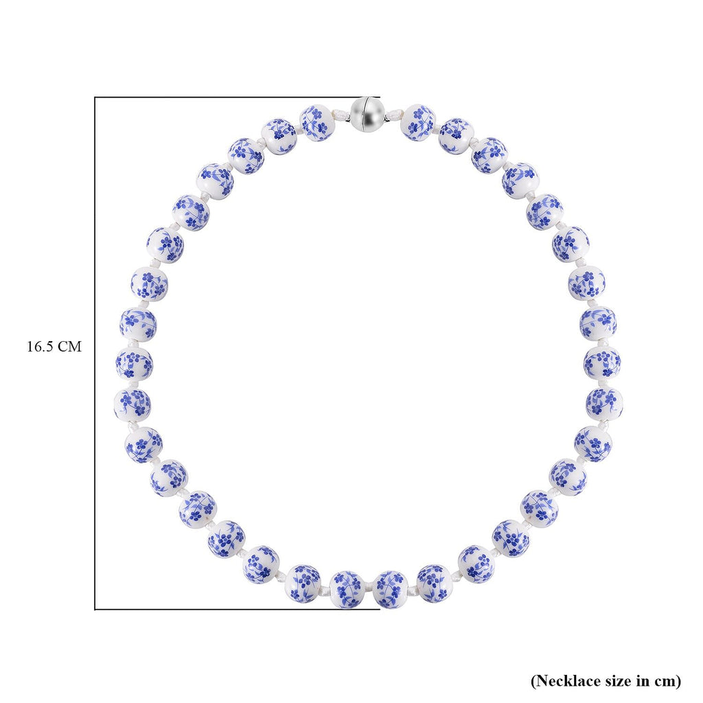 Hand Painted Ceramic Beads Necklace (Size - 20) with Magnetic Lock in Silver Tone - Blue