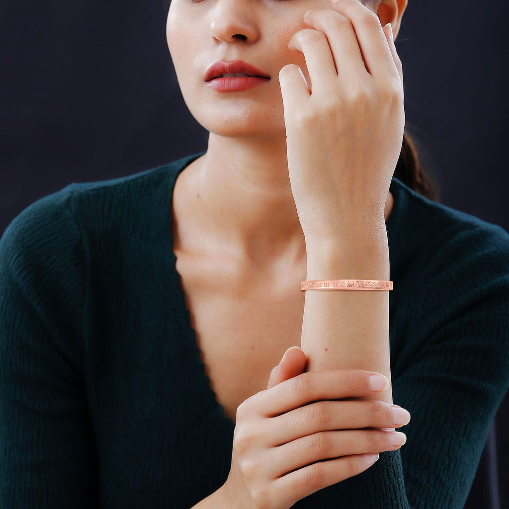 Designer Inspired-White Austrian Crystal Bangle (Size - 7) in Rose Gold Tone