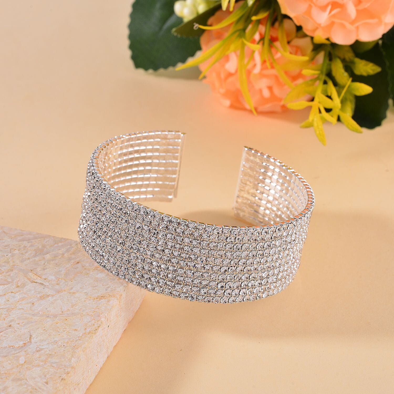 One Time Closeout - White Austrian Crystal Flexible Bangle (Size - 7.5) in Silver Tone 7643280 2