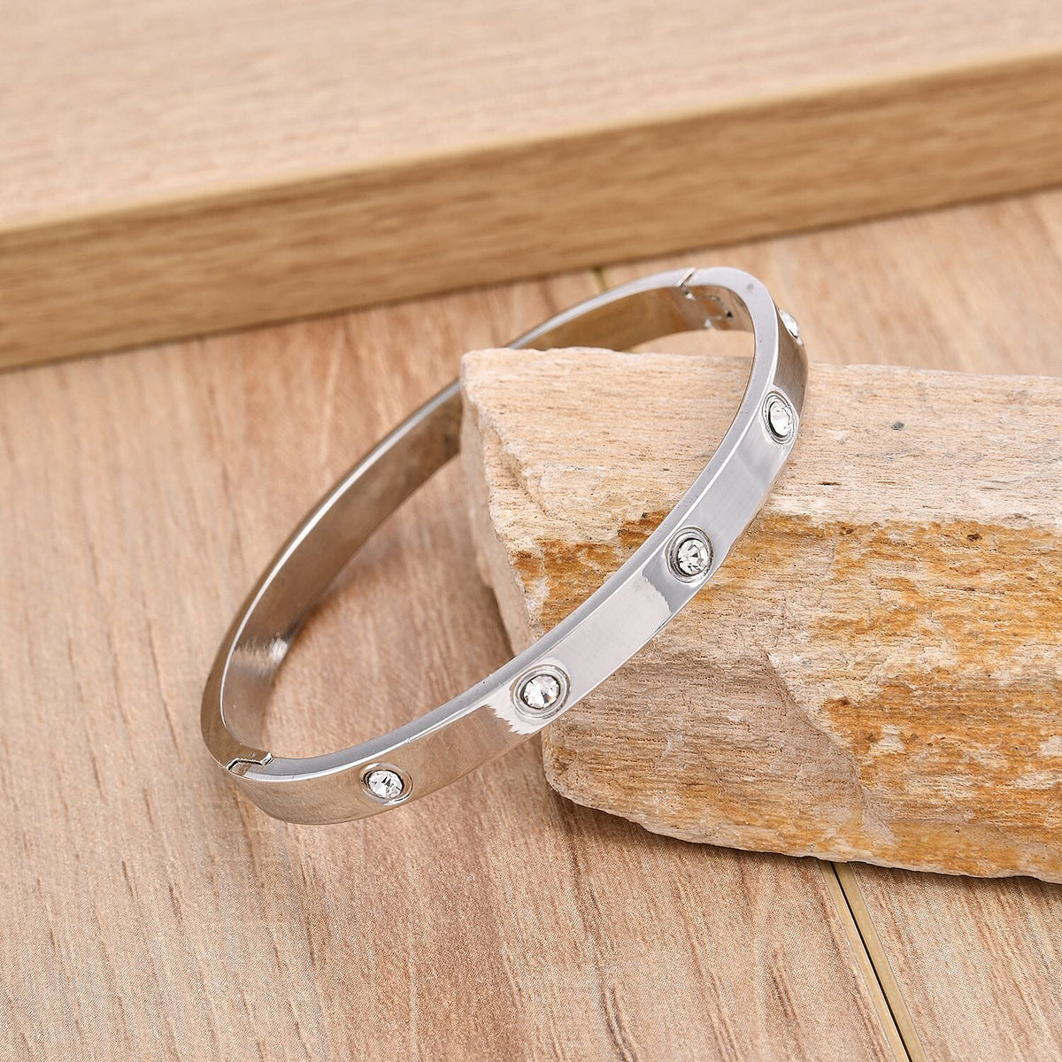 Designer Inspired- White Austrian Crystal Bangle (Size 7) in Silver Tone 7266448 1