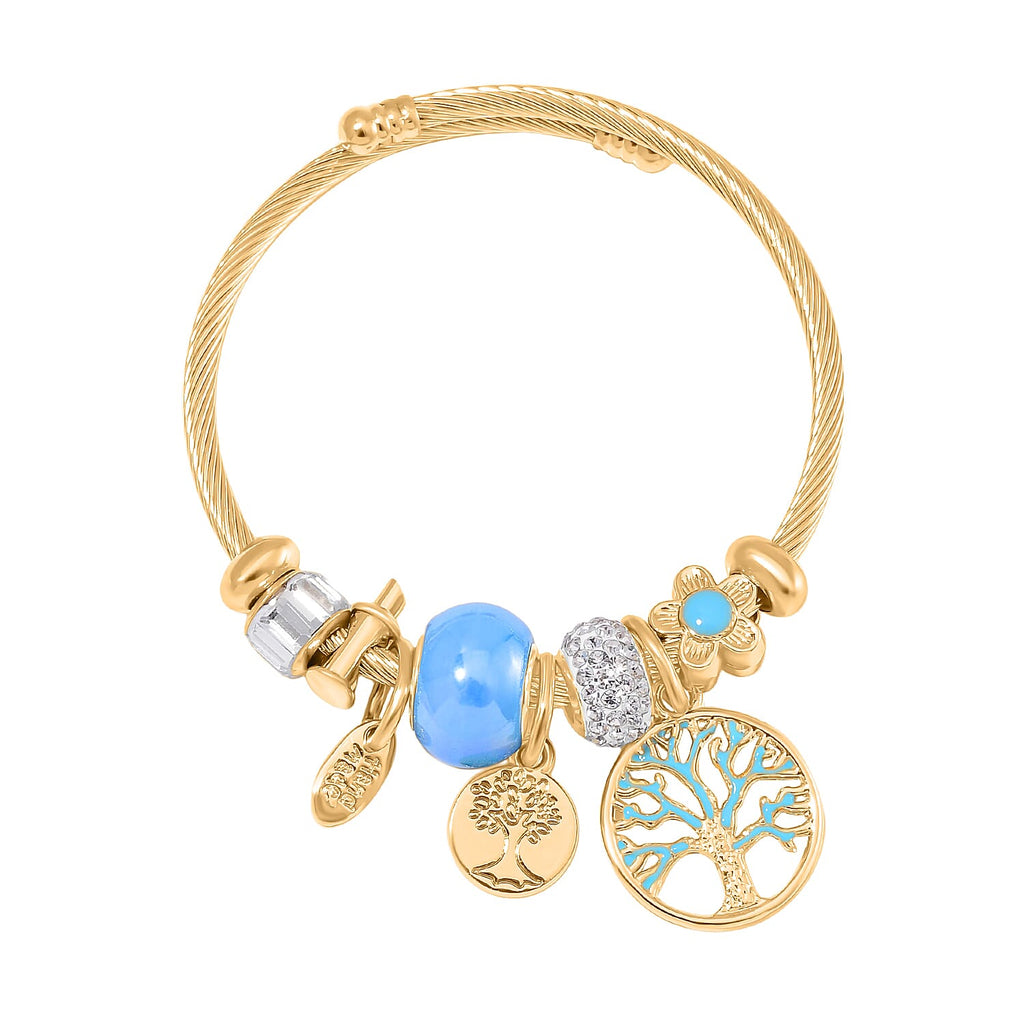 White Colour Ceramic Beads Enamelled Charms Tree Of Life  Adjustable Bangle