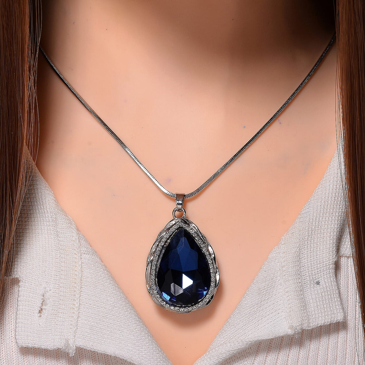 White Crystal &amp; Blue Crystal Pendant With Chain (Size - 29.5-2 Ext) in Silver Tone 7890866 1