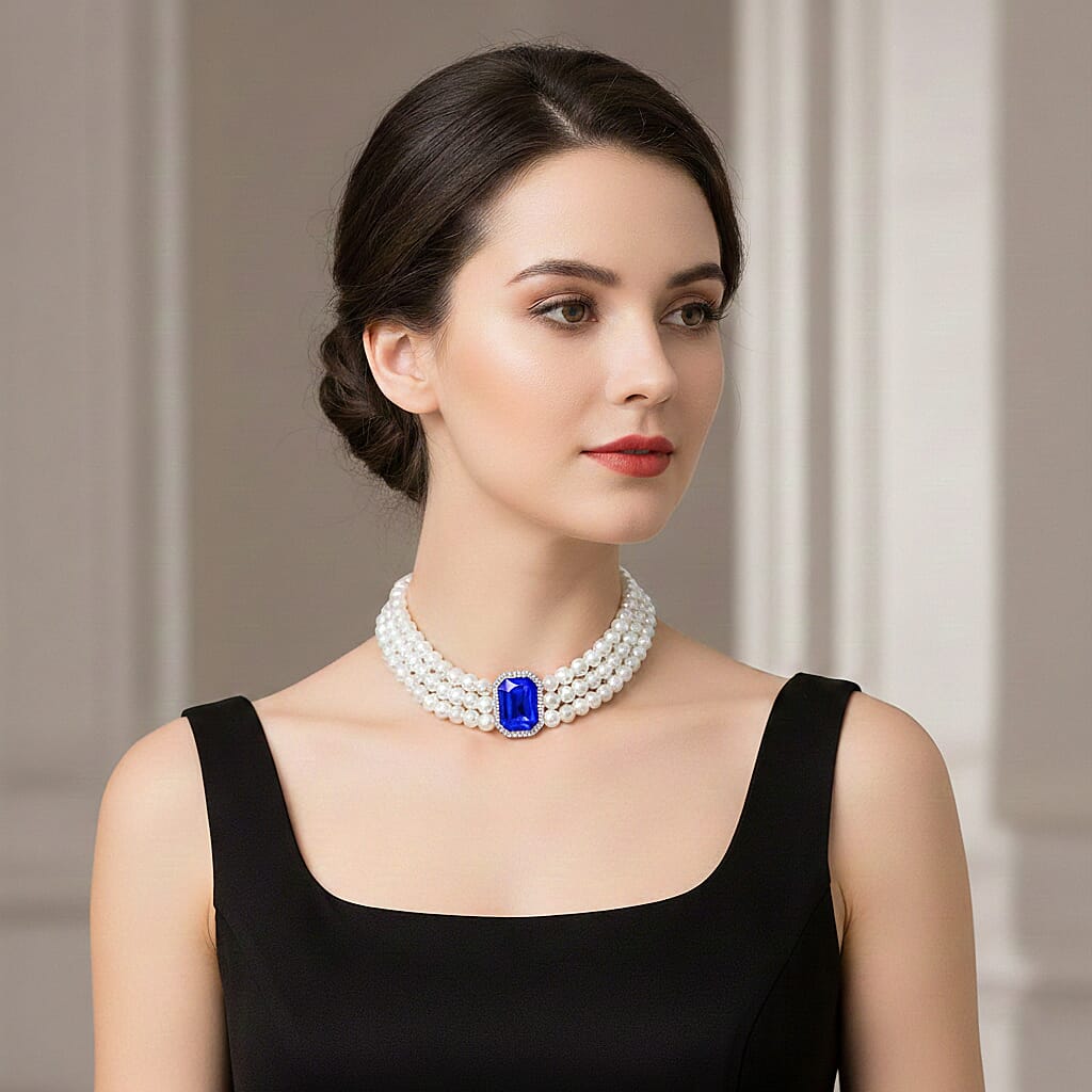 White Glass Pearl Choker Necklace (Size - 16-4 Inch Ext) with White Crystal and Blue Glass V32514704 3